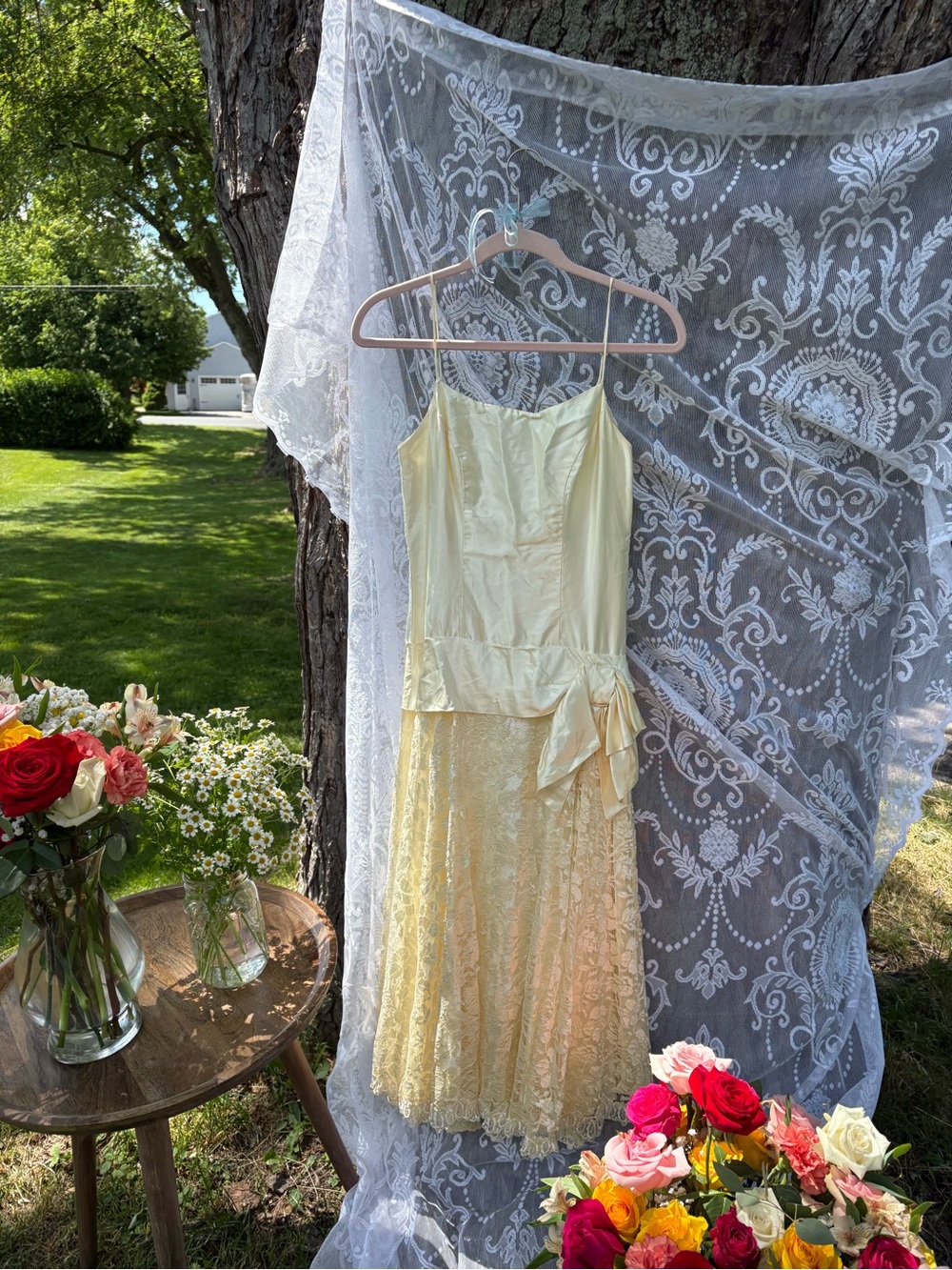 Cream Lace Slip Dress with Bow Detail